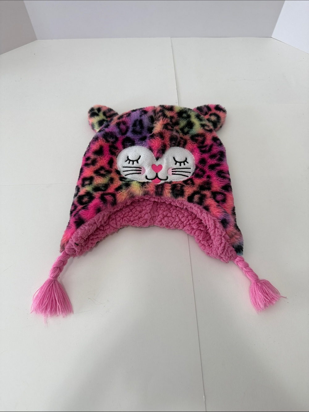 Girls' Pink Multicolor Leopard Cat Ear Fleece Hat